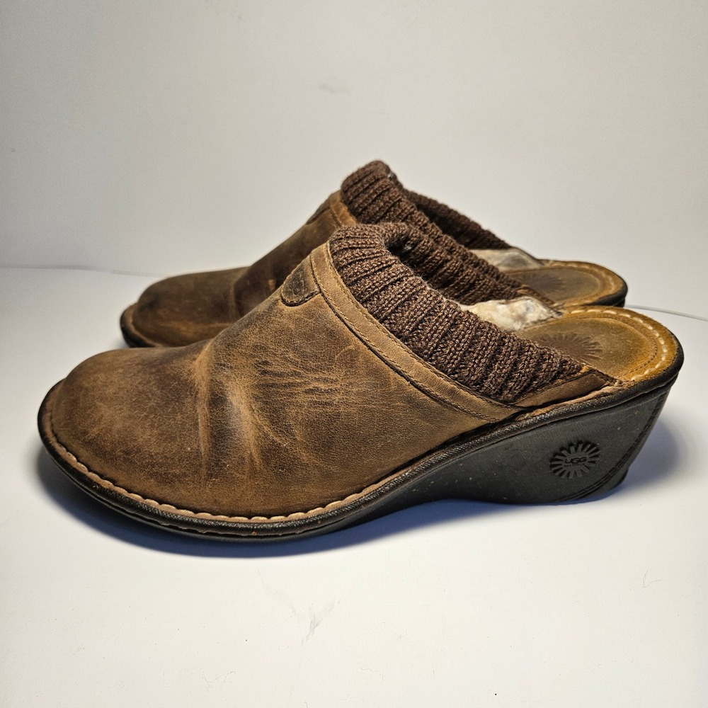 UGG Gael Brown Leather Knit Collar‎ Shearling Wedge Clogs Mules Womens 9